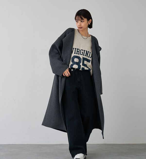 abahouse mavie「【体型カバー】ノーカラーロングコート/冬服/長袖/フォーマル/セミオケ/ウール混」|ノーカラーコート|