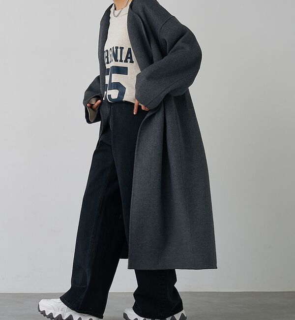 abahouse mavie「【体型カバー】ノーカラーロングコート/冬服/長袖/フォーマル/セミオケ/ウール混」|ノーカラーコート|