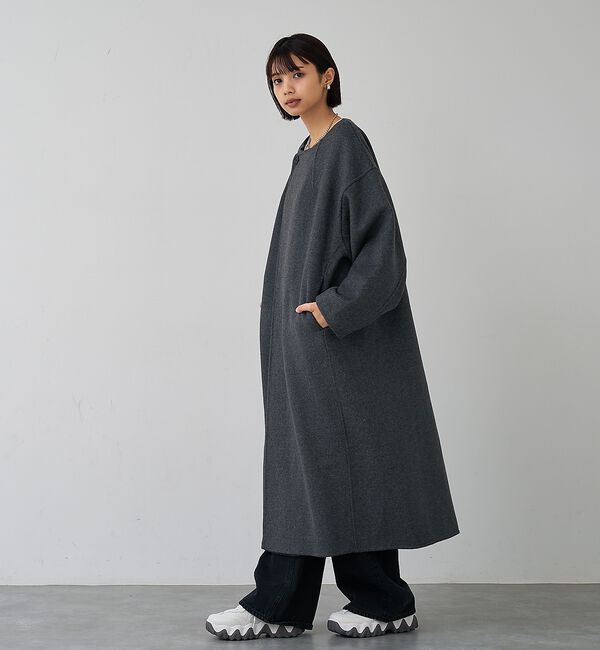 abahouse mavie「【体型カバー】ノーカラーロングコート/冬服/長袖/フォーマル/セミオケ/ウール混」|ノーカラーコート|