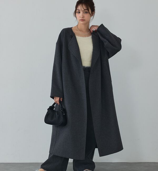 abahouse mavie「【体型カバー】ノーカラーロングコート/冬服/長袖/フォーマル/セミオケ/ウール混」|ノーカラーコート|