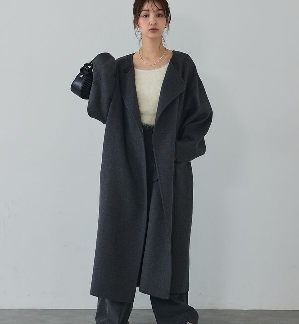 abahouse mavie「【体型カバー】ノーカラーロングコート/冬服/長袖/フォーマル/セミオケ/ウール混」|ノーカラーコート|