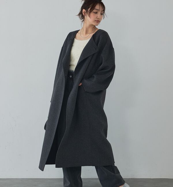 abahouse mavie「【体型カバー】ノーカラーロングコート/冬服/長袖/フォーマル/セミオケ/ウール混」|ノーカラーコート|