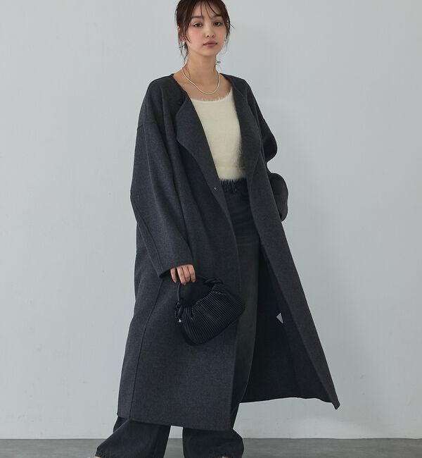 abahouse mavie「【体型カバー】ノーカラーロングコート/冬服/長袖/フォーマル/セミオケ/ウール混」|ノーカラーコート|