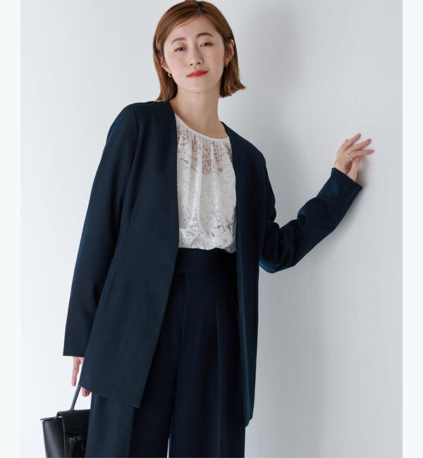 ur's「ベーシックノーカラーVネックジャケット」|ノーカラージャケット|ダークネイビー