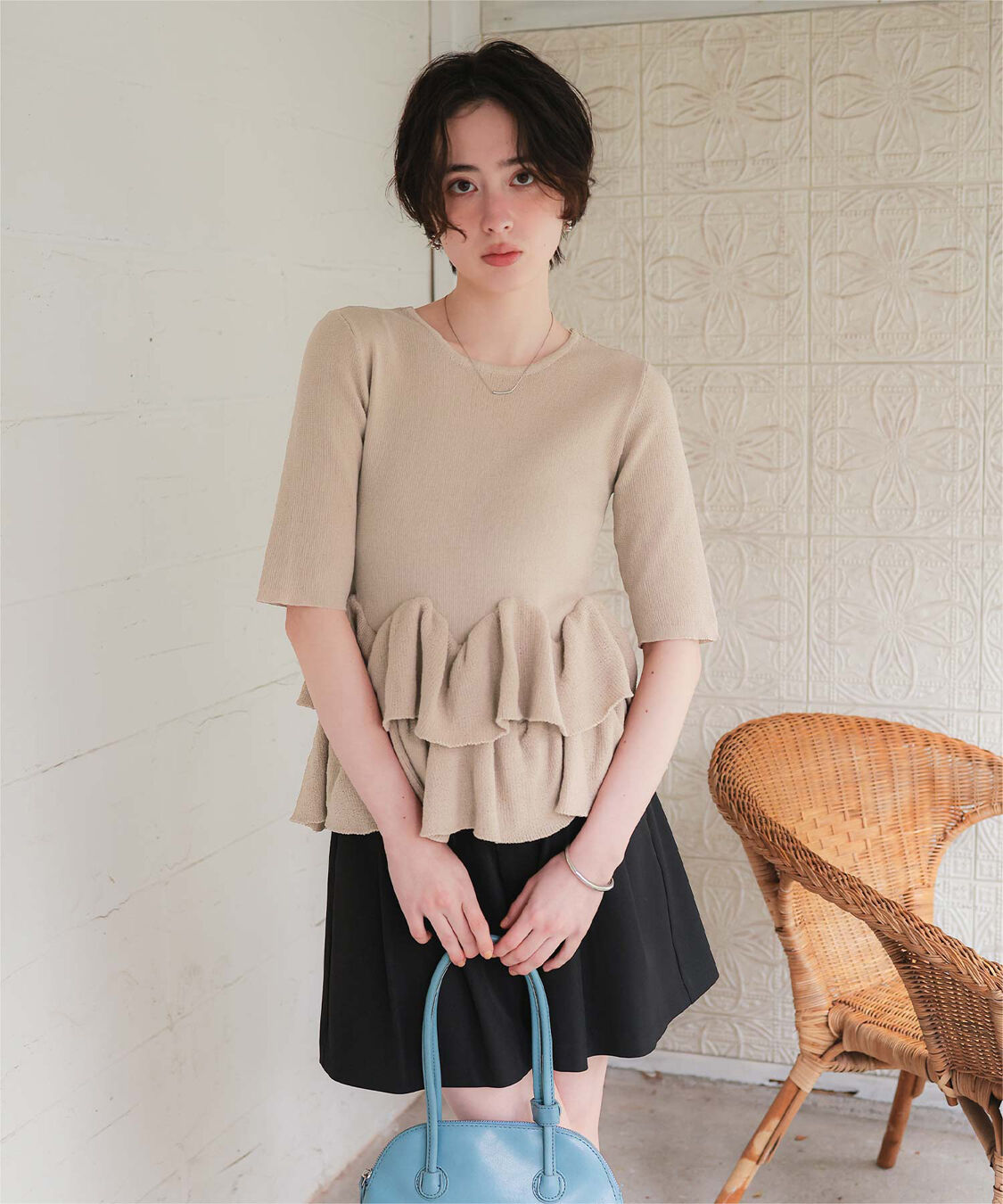 titivate「ハーフスリーブフリルヘムニットカーディガン」|ニット・セーター|