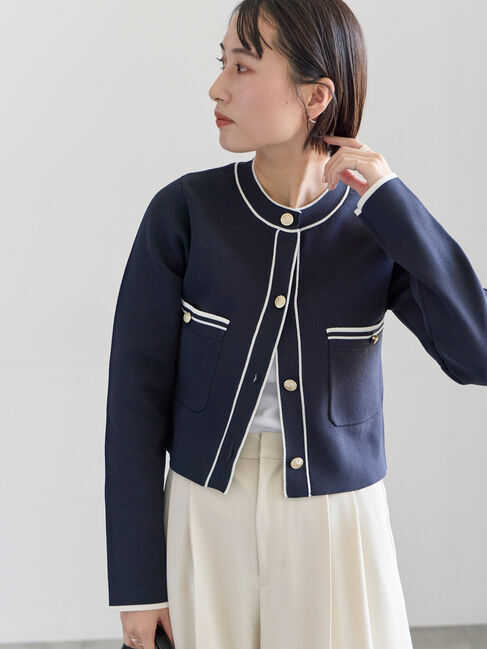Te chichi「ミラノリブ配色ラインカーディガン」|カーディガン|ネイビー