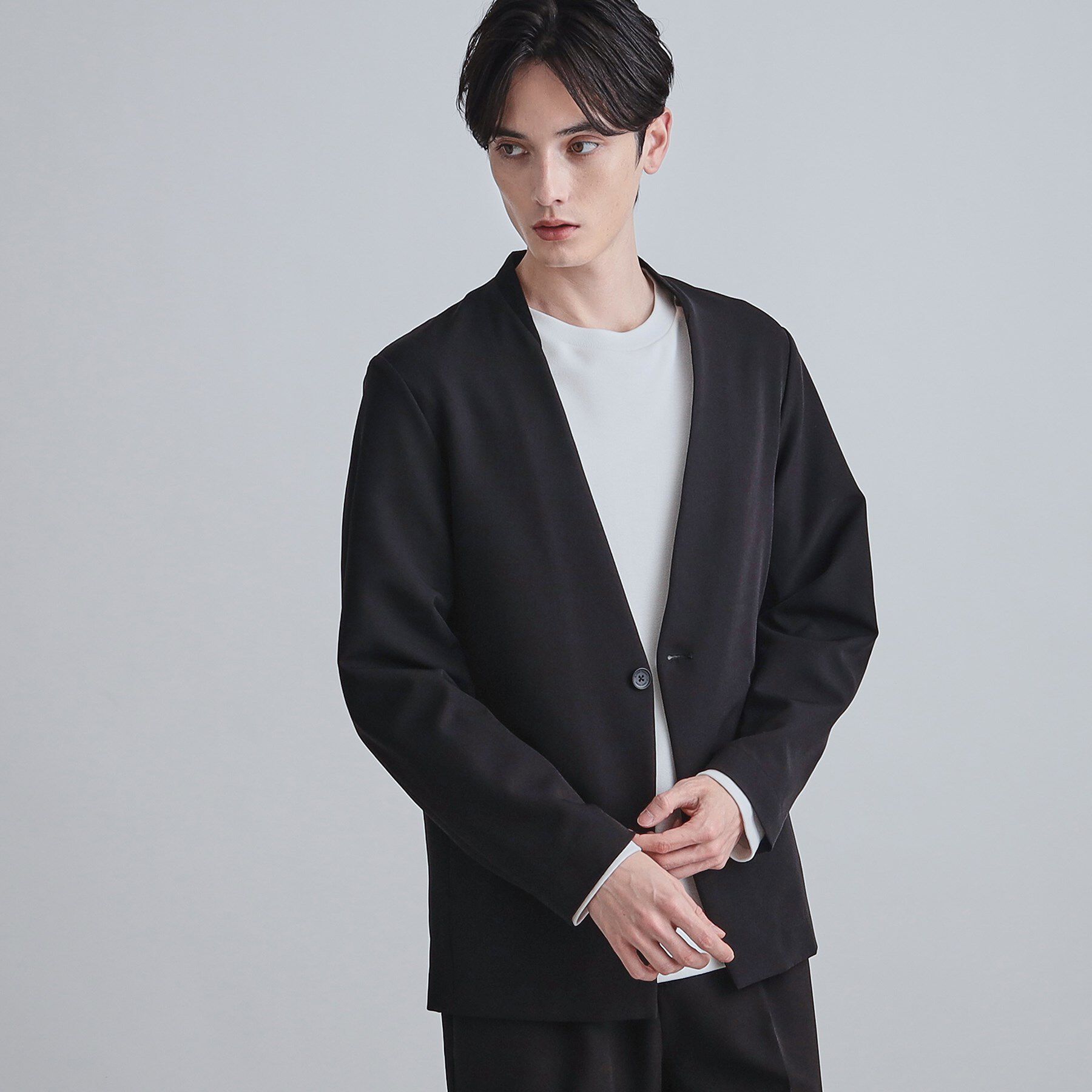 tk.TAKEO KIKUCHI「【セットアップ対応】360度ストレッチノーカラージャケット」|ノーカラージャケット|ブラック(019)