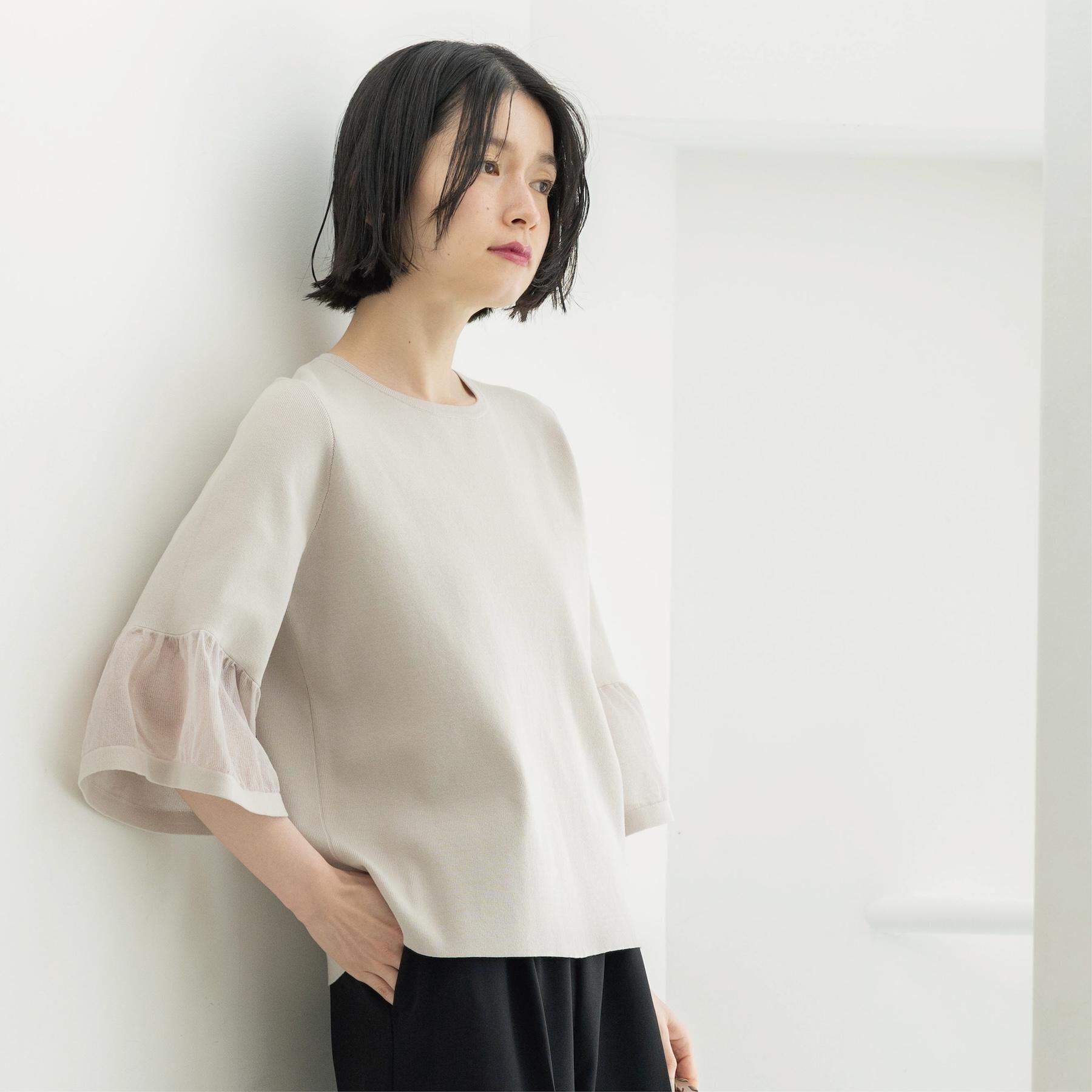 OPAQUE.CLIP「シアーフレアスリーブニット【洗濯機OK/抗ピル】」|ニット・セーター|