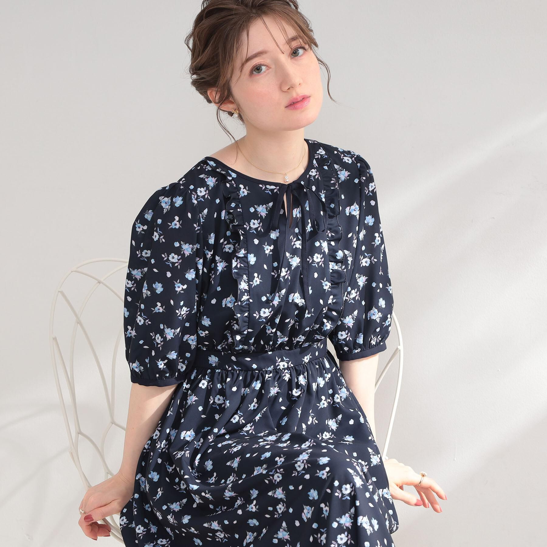 Couture broach「【着映え】水彩フラワーワンピース」|ワンピース|ネイビー(094)