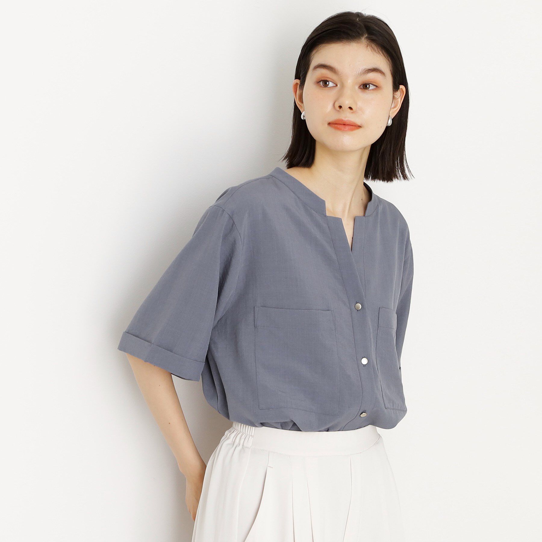 THE SHOP TK「【秋色入荷/インしなくても決まる】ダブルポケット5分袖シャツ/体型カバー／洗濯機OK」|シャツ・ブラウス|ブルー(092)