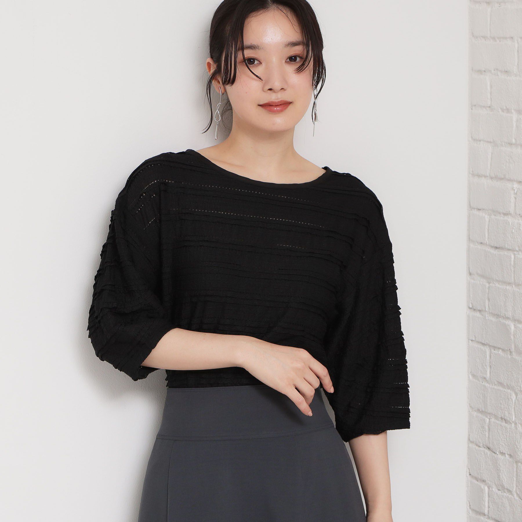 THE SHOP TK「フリルレースボーダートップス」|Tシャツ・カットソー|ブラック(019)