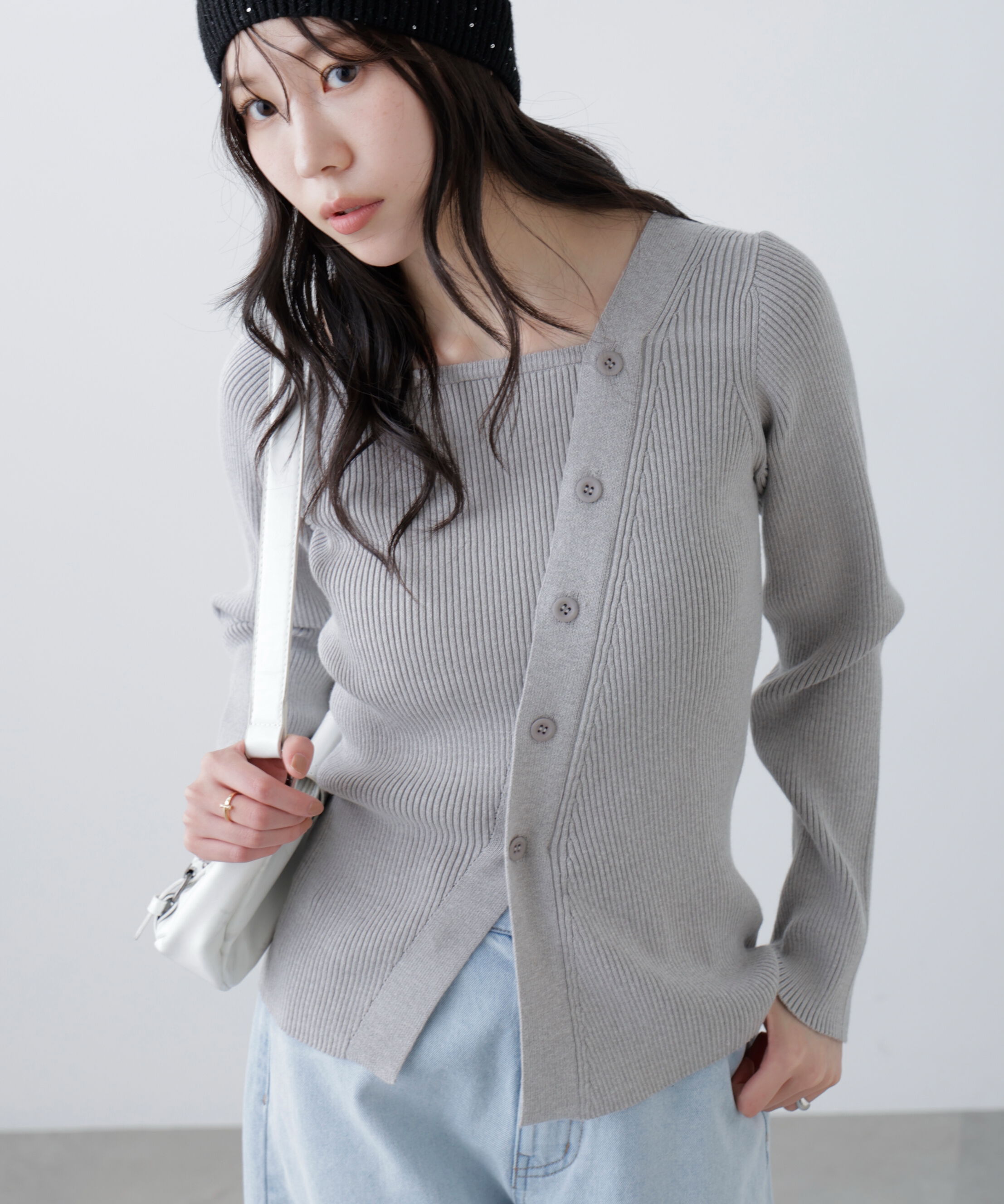  「アシメボタンリブニット」|ニット・セーター|