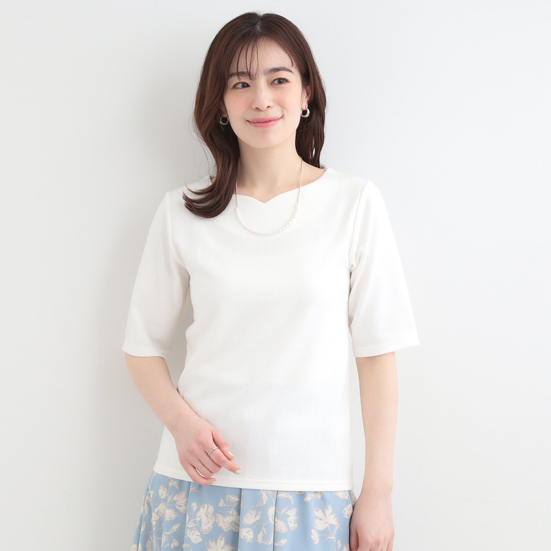 SHOO･LA･RUE「【ネックアソート】裏ひんやりテレコ5分袖トップス」|Tシャツ・カットソー|