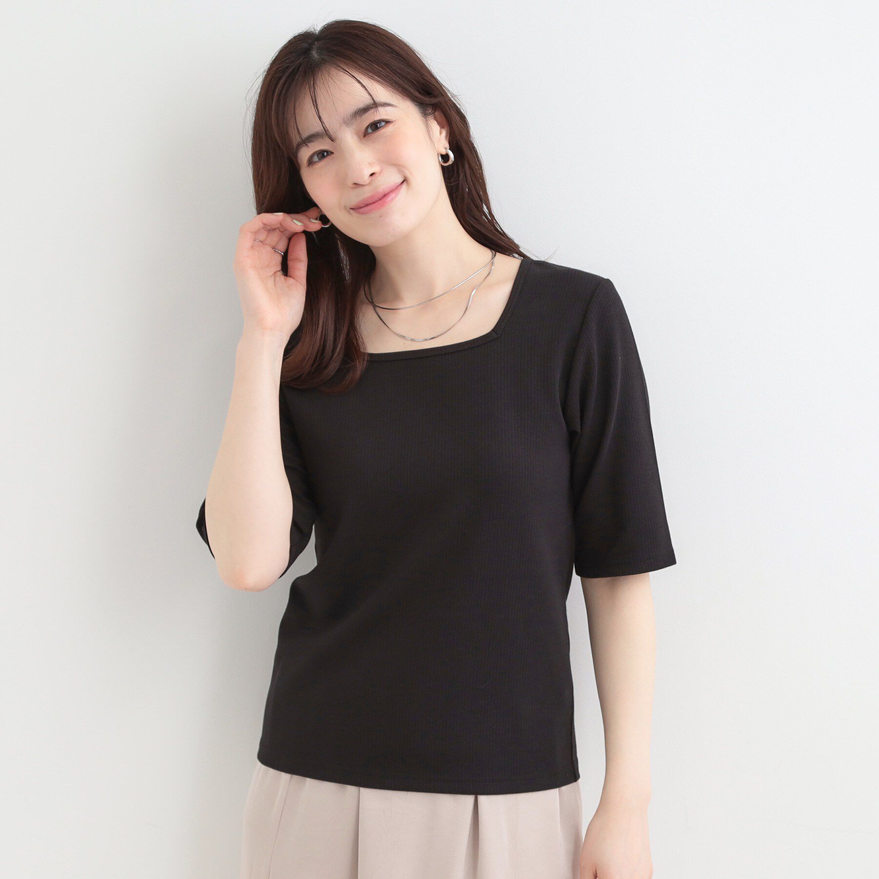 SHOO･LA･RUE「【ネックアソート】裏ひんやりテレコ5分袖トップス」|Tシャツ・カットソー|