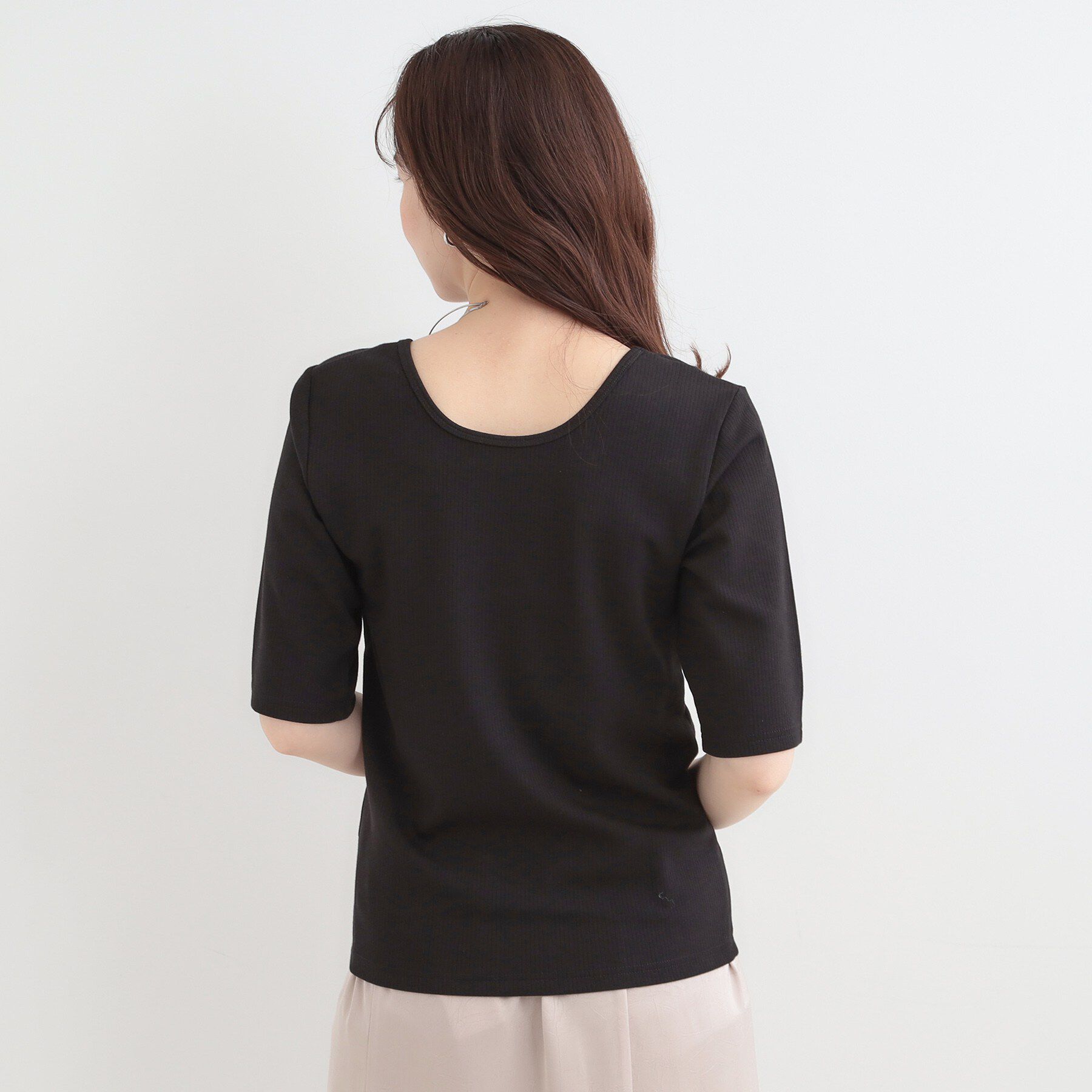 SHOO･LA･RUE「【ネックアソート】裏ひんやりテレコ5分袖トップス」|Tシャツ・カットソー|