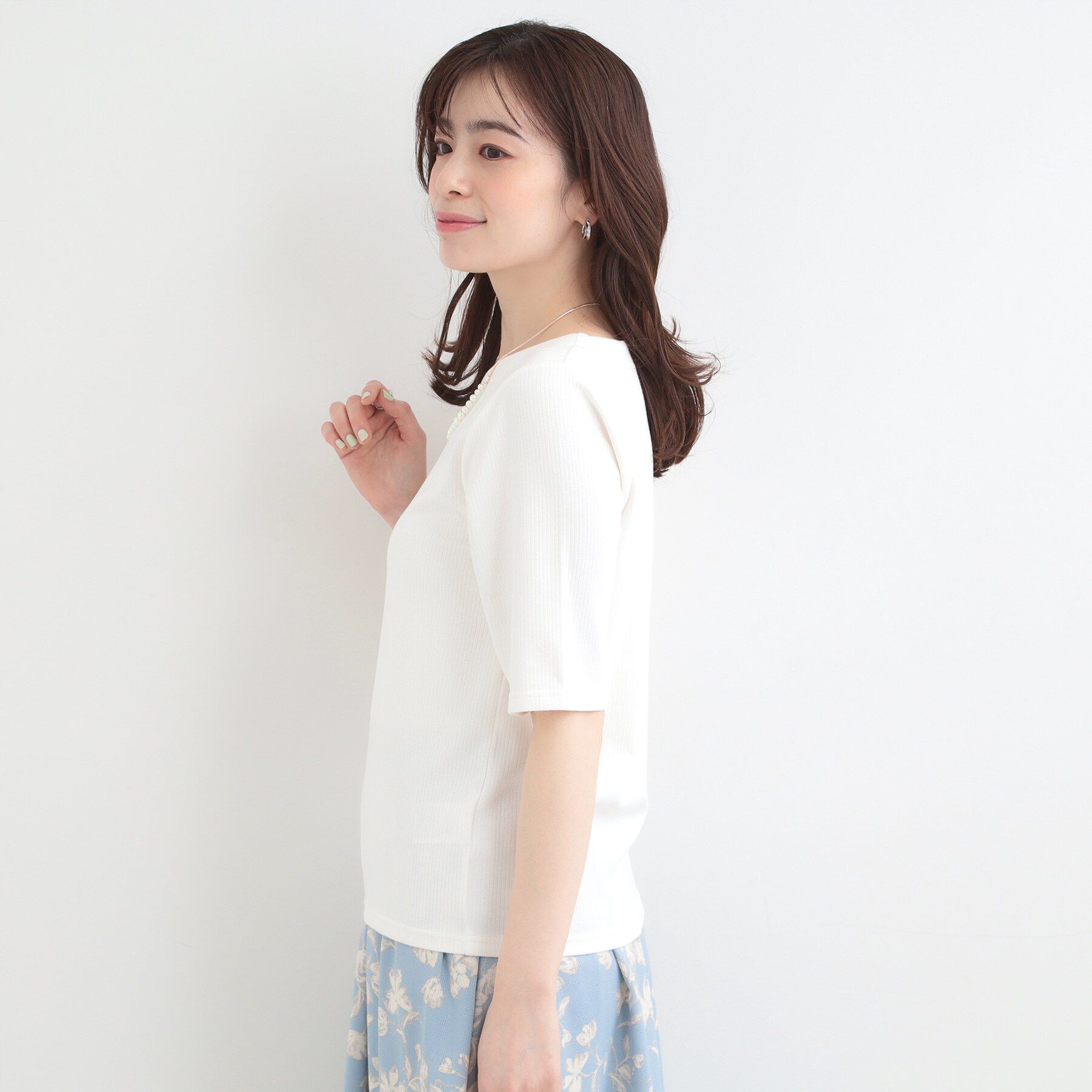 SHOO･LA･RUE「【ネックアソート】裏ひんやりテレコ5分袖トップス」|Tシャツ・カットソー|