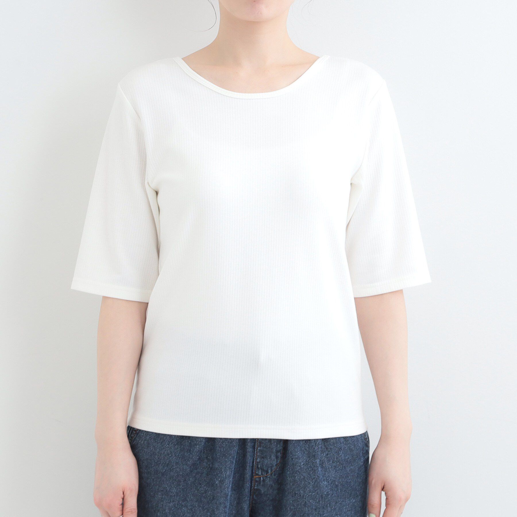 SHOO･LA･RUE「【ネックアソート】裏ひんやりテレコ5分袖トップス」|Tシャツ・カットソー|