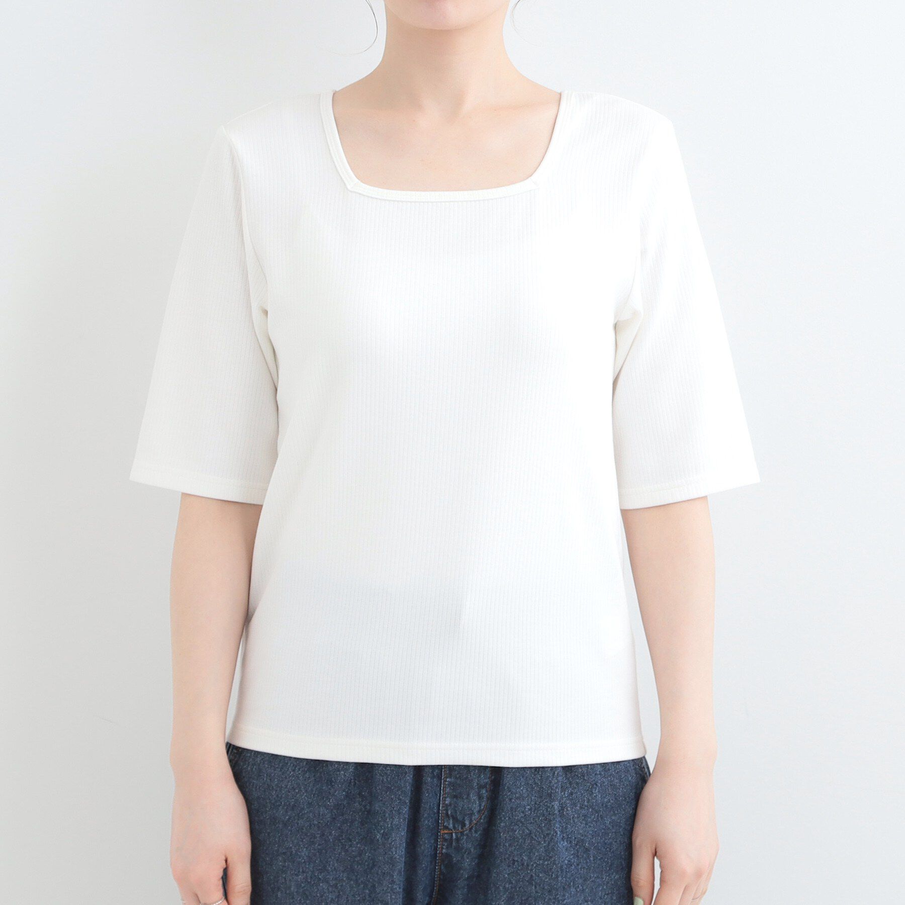 SHOO･LA･RUE「【ネックアソート】裏ひんやりテレコ5分袖トップス」|Tシャツ・カットソー|