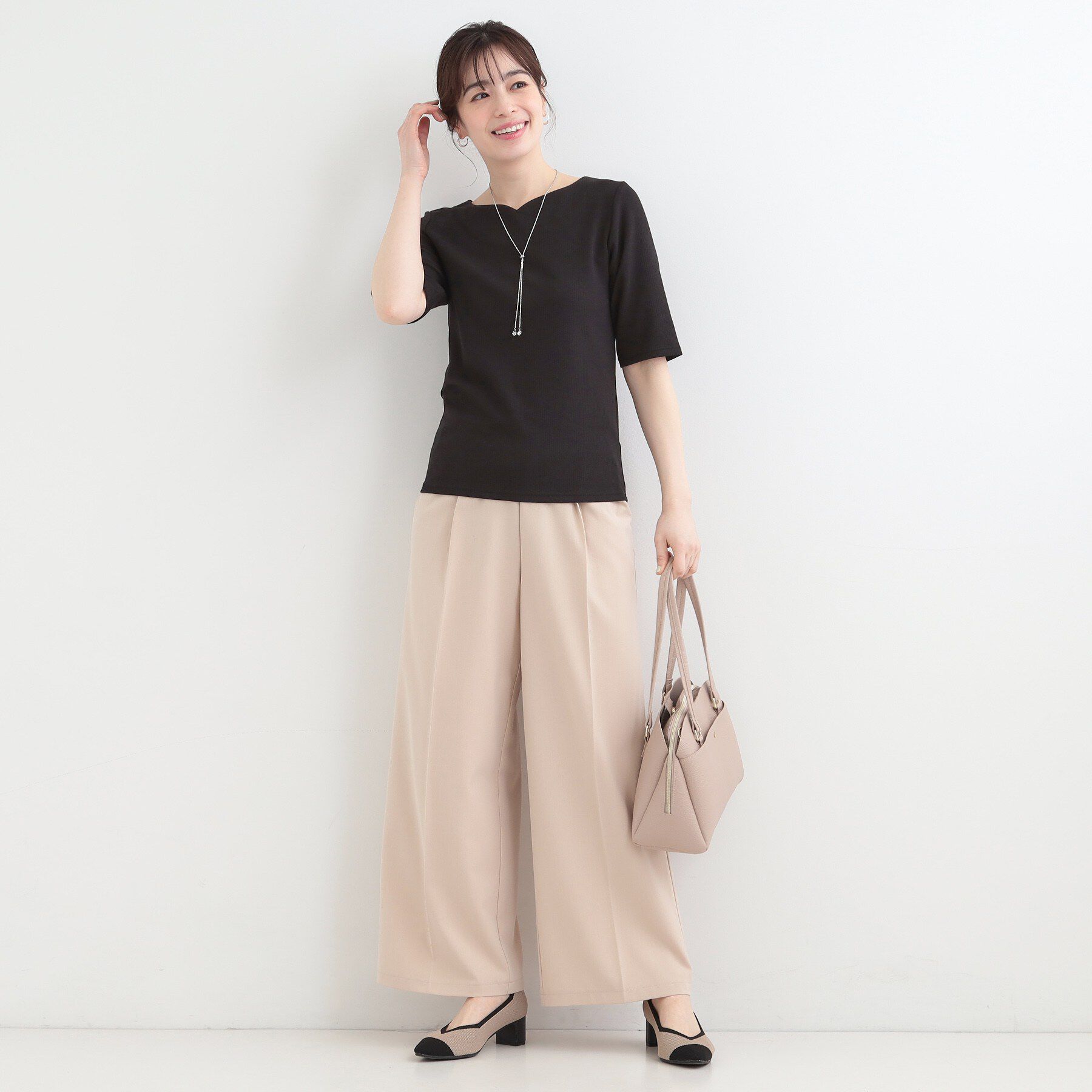 SHOO･LA･RUE「【ネックアソート】裏ひんやりテレコ5分袖トップス」|Tシャツ・カットソー|