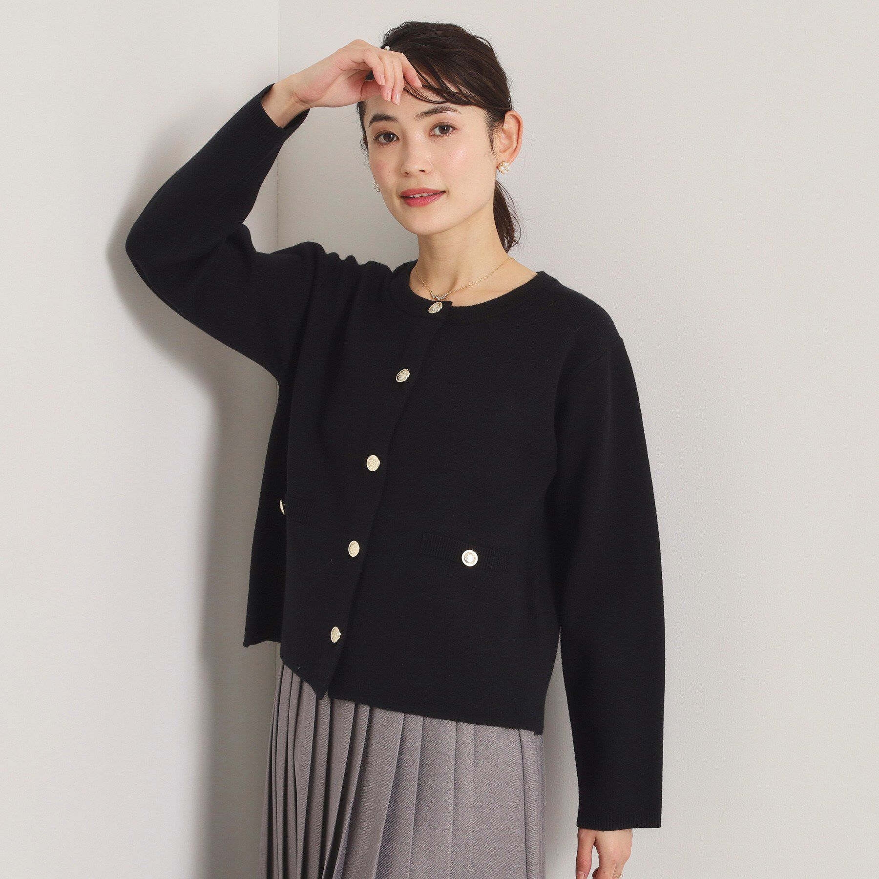 ITS&rsquo;DEMO「【花粉防止／手洗い可】ニットジャケット」|ノーカラージャケット|ブラック(019)