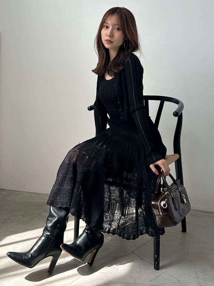 SNIDEL「レースクロシェカーデセットワンピース」|ワンピース|BLK