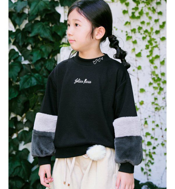 ikka kids「袖フェイクファー刺繍裏毛プルオーバー（120~160cm）」|Tシャツ・カットソー|ブラック