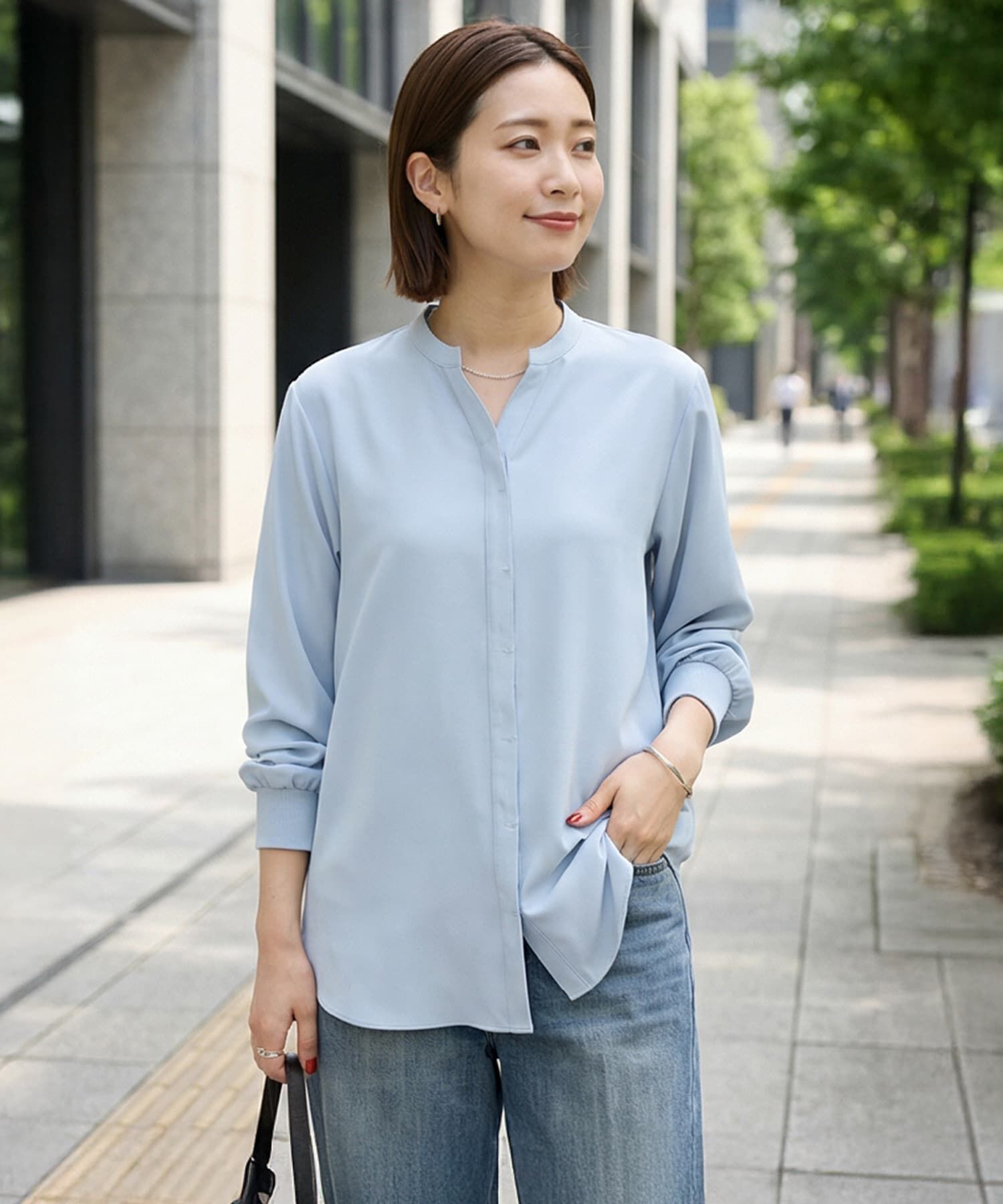 STYLE DELI「レイヤード用バンドキーネックシャツ」|シャツ・ブラウス|サックス