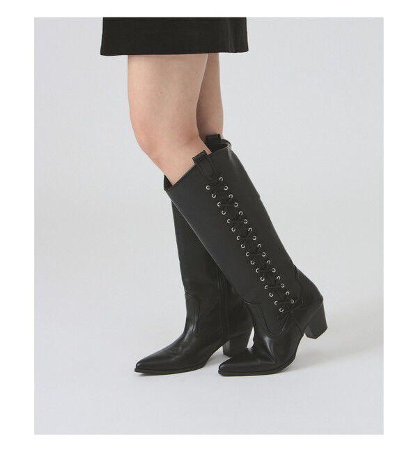 Ray BEAMS 「レースアップ ウエスタン ブーツ」|ロングブーツ|BLACK