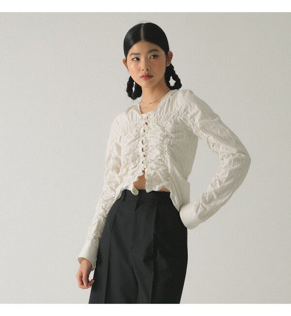 Ray BEAMS 「ストライプ シャーリング Vネック ブラウス」|シャツ・ブラウス|