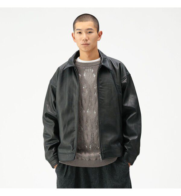 BEAMS「ワイドフィット レザー ジップブルゾン」|ブルゾン・スタジャン|