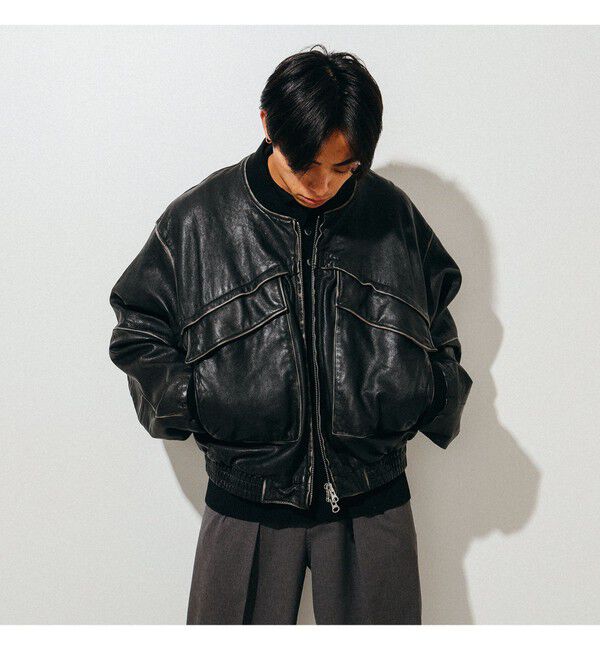 BEAMS「ユーズド加工 レザー ショートブルゾン」|ブルゾン・スタジャン|
