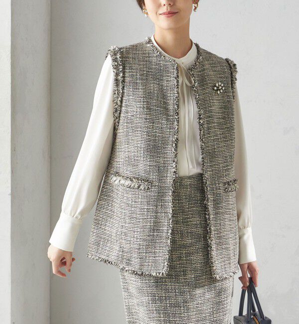 SHIPS for women「スラブ ツイード ロング ジレ（セレモニー対応可）」|ベスト・ジレ|ブラック