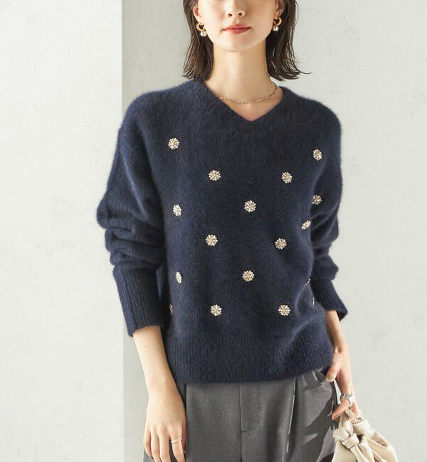 SHIPS for women「〈手洗い可能〉フォックス ビジュー Vネック ニット」|ニット・セーター|ネイビー