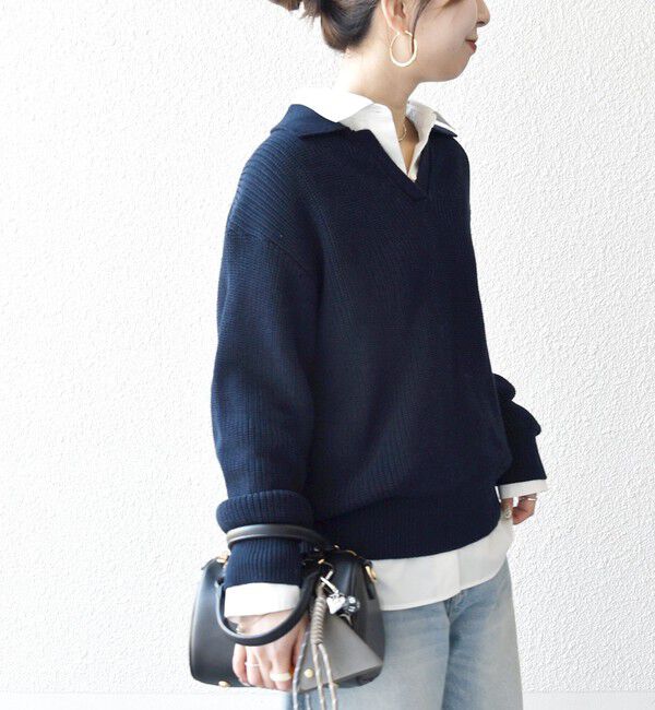 SHIPS any「SHIPS any:〈手洗い可能〉コットン ミックス スキッパー ポロ ニット プルオーバー」|ニット・セーター|