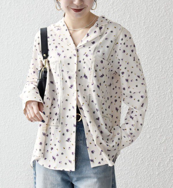 SHIPS any「SHIPS any:〈洗濯機可能〉フラワー プリント レース オープンカラー シャツ」|シャツ・ブラウス|