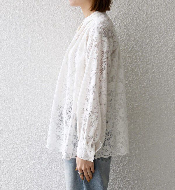 SHIPS any「《追加予約》SHIPS any:〈手洗い可能〉フラワー メッシュ レース バンドカラー タック シャツ」|シャツ・ブラウス|