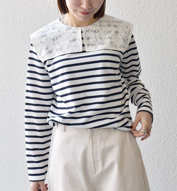 SHIPS any「SHIPS any:〈洗濯機可能〉マリンボーダー レース 襟 プルオーバー」|Tシャツ・カットソー|