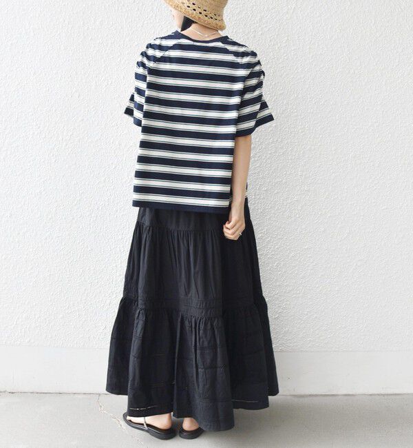 SHIPS for women「《予約》〈手洗い可能〉ボーダー / ソリッド 袖ギャザー ショートスリーブ プルオーバー」|Tシャツ・カットソー|