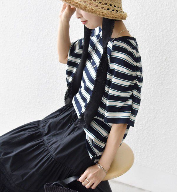 SHIPS for women「《予約》〈手洗い可能〉ボーダー / ソリッド 袖ギャザー ショートスリーブ プルオーバー」|Tシャツ・カットソー|