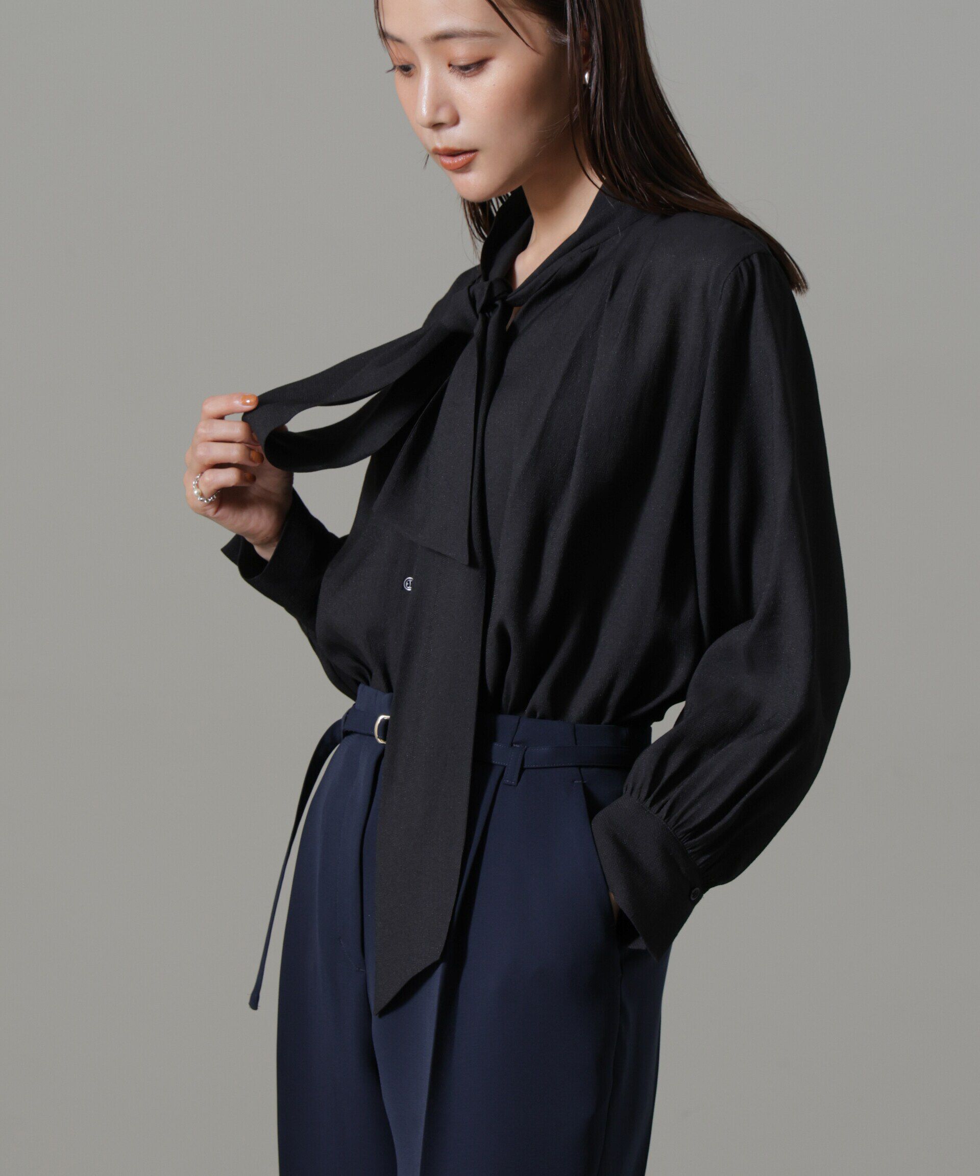 nano･universe「リンクルドビーリボンタイブラウス」|シャツ・ブラウス|ブラック