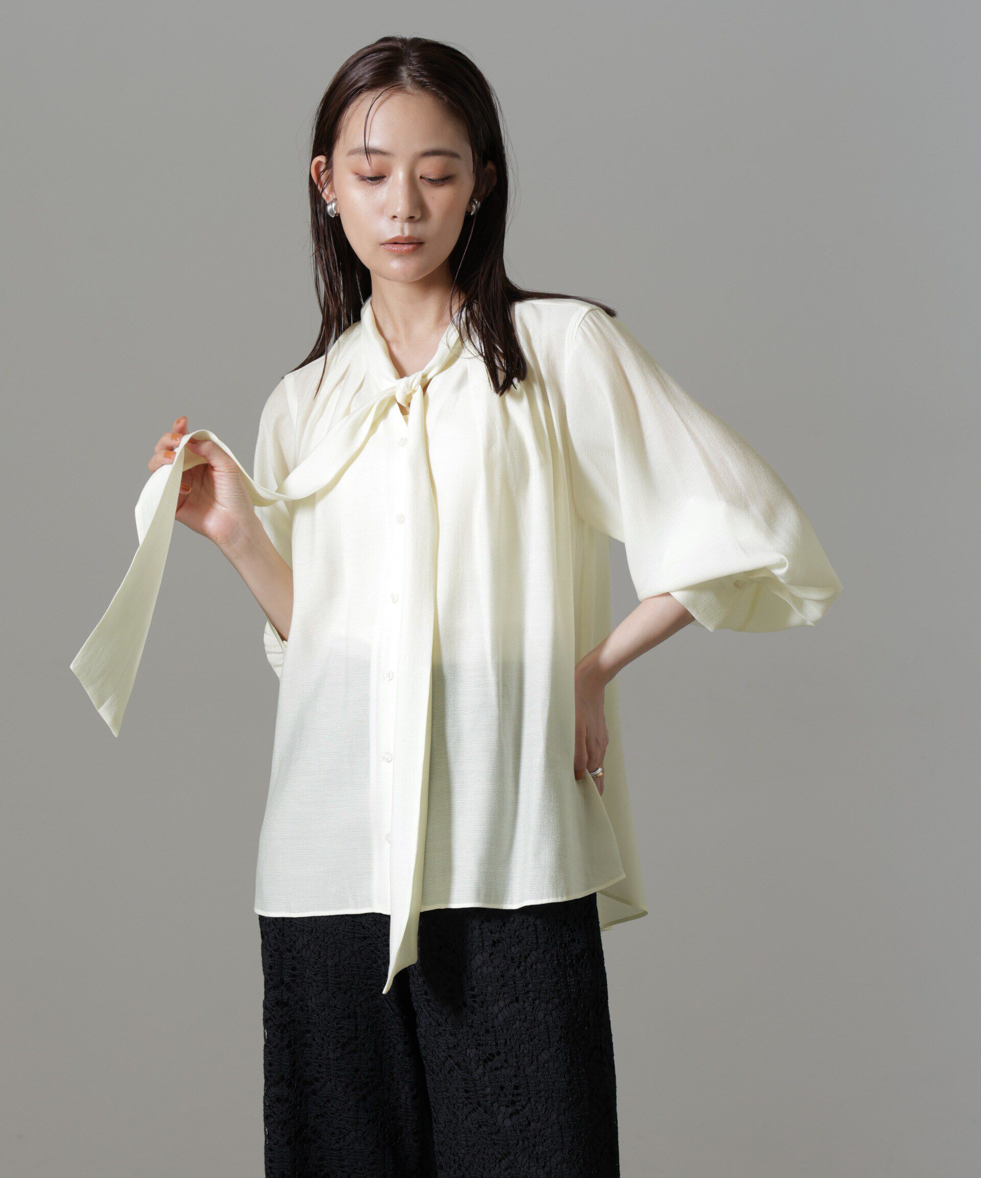 nano･universe「リンクルドビーリボンタイブラウス」|シャツ・ブラウス|