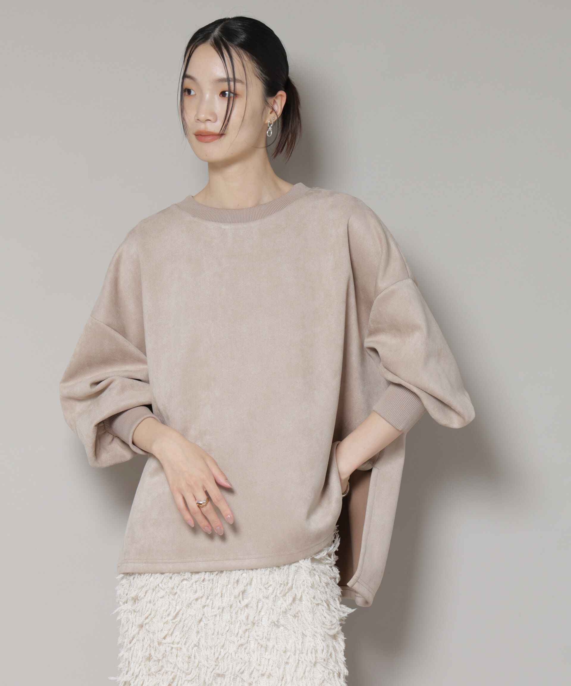 nano･universe「カットスエードサイドスリットワイドプルオーバー(セットアップ可)」|Tシャツ・カットソー|ライトベージ 1