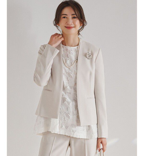 23区「【セットアップ対応/洗える】トリアセダブルジョーゼット ノーカラー ジャケット」|ノーカラージャケット|ベージュ系