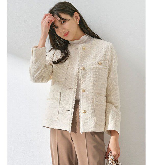 any SiS「ツイードノーカラーミドル ジャケット」|ノーカラージャケット|アイボリー
