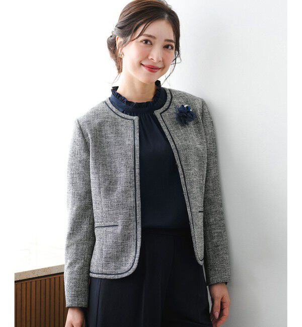ANY SIS「ライトストレッチ ツイード ジャケット」|ノーカラージャケット|