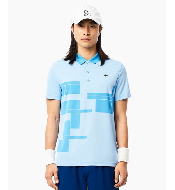 LACOSTE「UPF50＋ UVカット 『ノバク・ジョコビッチ』コートプリントウルトラドライ 半袖ポロシャツ」|ポロシャツ|ライトブルー