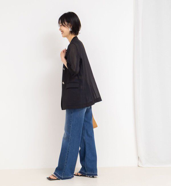 NOLLEY'S「ウォッシャブルリネン風シアー5分袖ジャケット」|ノーカラージャケット|