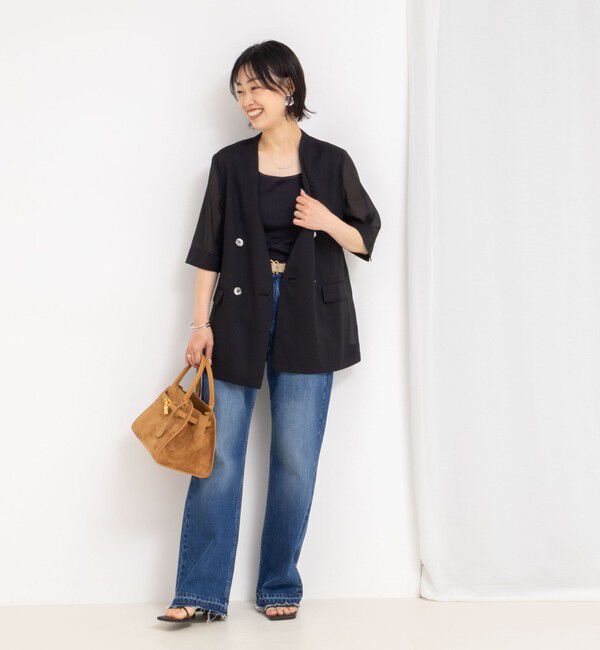 NOLLEY'S「ウォッシャブルリネン風シアー5分袖ジャケット」|ノーカラージャケット|