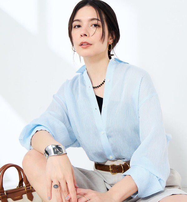 NOLLEY'S sophi「ウォッシャブルACARライトストライプ3WAYオーバーシャツ」|シャツ・ブラウス|ブルー系3