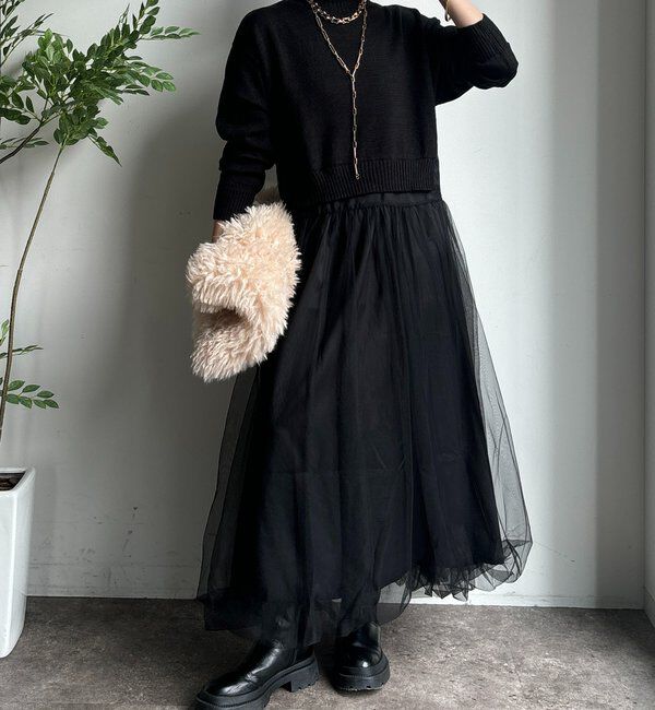  「【WEB限定】ニット&times;チュールワンピース」|ワンピース|